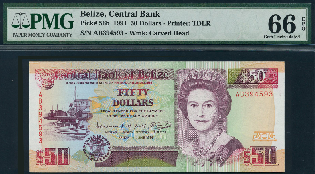 Central Bank of Belize, $50, 1 June 1991, serial number AB 394593, (TBB B314, Pick 56b),