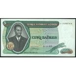 Banque Nationale du Congo, 5 zaires, 24 November 1971, serial number B 0176514 A, (Pick 14a, TBB B2