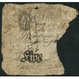 Bank of England, A Newland, partial £5, 1798, serial number 3052, (EPM B200j for type),