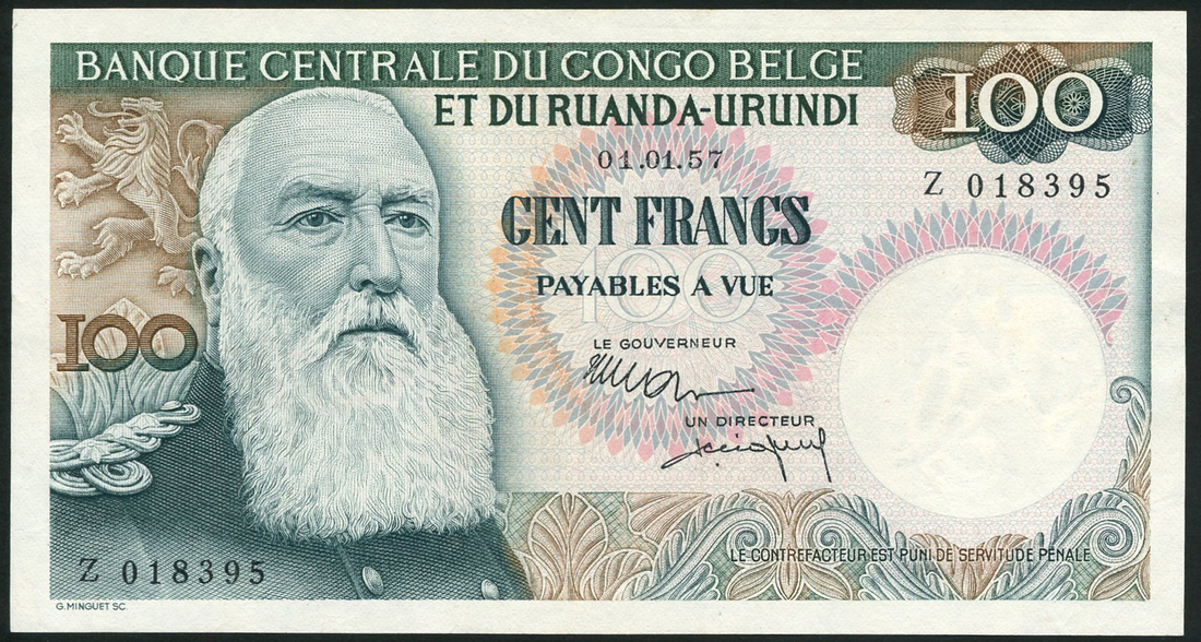 Banque Centrale du Congo-Belge et du Ruanda-Urundi, 100 francs (3), 1955,1957,1960, prefixes A,Z,AV