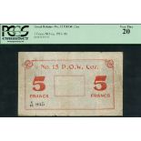 Prisoner of War currency, No.15 P.O.W. Coy, 5 francs, World War I, ND (1917-1918), serial number X/