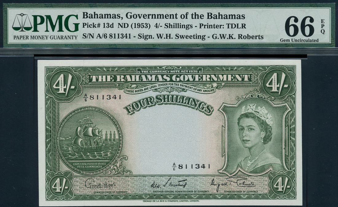 Government of the Bahamas, 4 shillings, ND (1953), serial number A/6 811341, (TBB B112, Pick 13d),