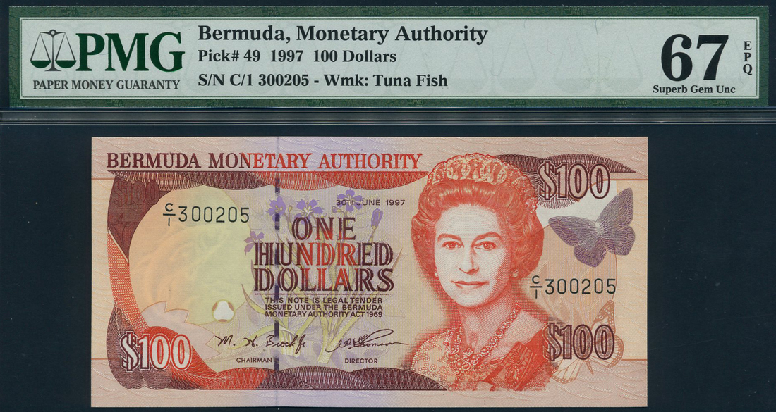 Bermuda Monetary Authority, $100, 30 June 1997, serial number C/1 300205, (TBB B221, Pick 49)