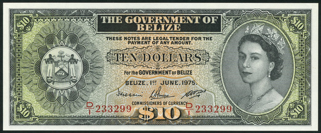 Government of Belize, $10, 1 June 1957, serial number D/1 233299, (TBB B104, Pick 36),