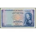 Government of Malta, £5, ND (1961), serial number A/2 838920, (TBB B126, Pick 27),