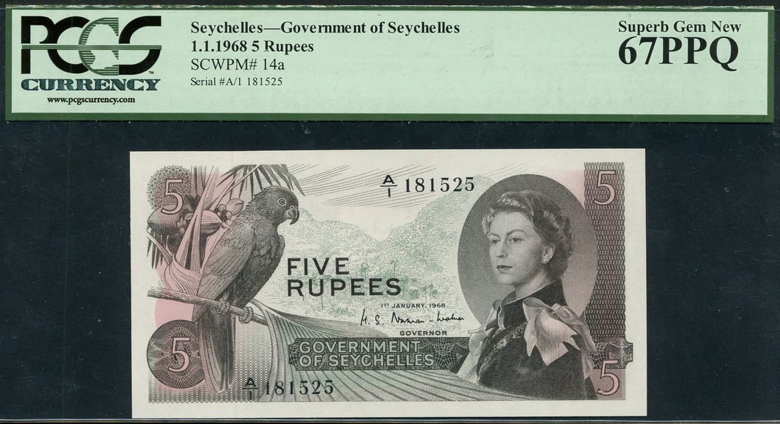 Government of Seychelles, 5 rupees, 1 January 1968, serial number A/1 181525, (TBB B121, Pick 14a),