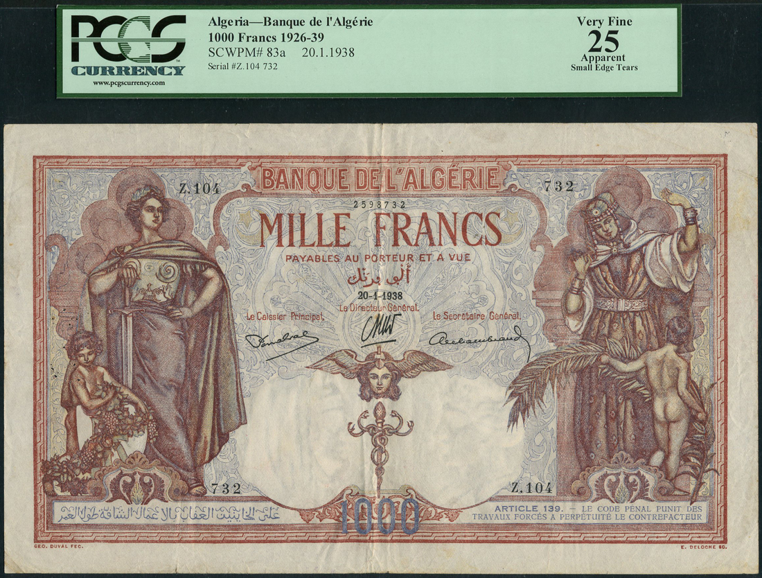 Banque de L'Algerie, Algeria, 1000 francs, 20 January 1938, serial number Z.104 2598732, (Pick 83a)