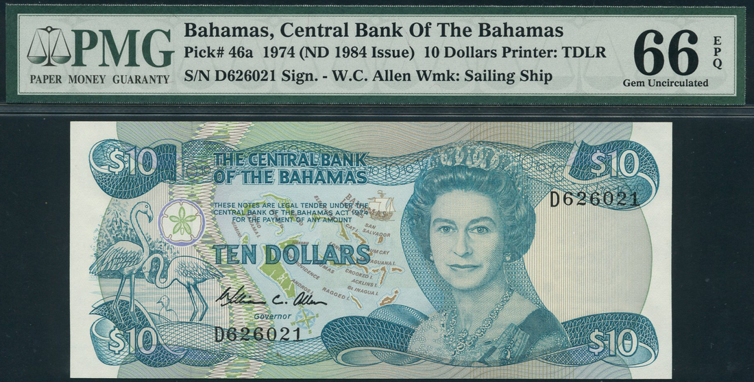 Central Bank of the Bahamas, $10, ND (1984), serial number D 626021, (TBB B311, Pick 46a),