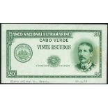 Banco Nacional Ultramarino, Cape Verde, obverse and reverse die proofs for 20 escudos, ND (1958), (