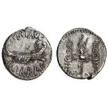 Mark Antony, AR Denarius, Patrae, 32-31 BC, galley, ant avg iii vir r p c, rev. leg ii, legionary e