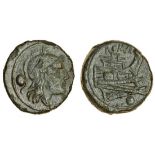 Roman Republic (215-212 BC), AE Uncia, 7.49g, helmeted head of Roma right, pellet behind, rev. prow