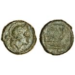 Roman Republic (208 BC), AE Uncia, 3.30g, Etruria (?), helmeted head of Roma right, pellet behind,