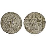 Tripura, Deva Manikya (1526-32), Tanka, 10.66g, Sk.1448, citing Queen Padmavati, lion facing right,