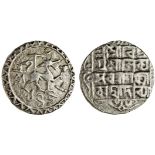 Tripura, Vijaya Manikya (1532-64), Tanka, 10.68g, Sk.1458, citing Queen Laksmi, lion to right, stan