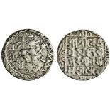 Tripura, Vijaya Manikya (1532-64), Tanka, 10.68g, Sk.1458, citing Queen Laksmi, lion to right, stan