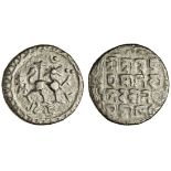 Tripura, Vijaya Manikya (1532-64), Tanka, 9.76g, Sk.1458, citing Queen Laksmi, lion to right, stand