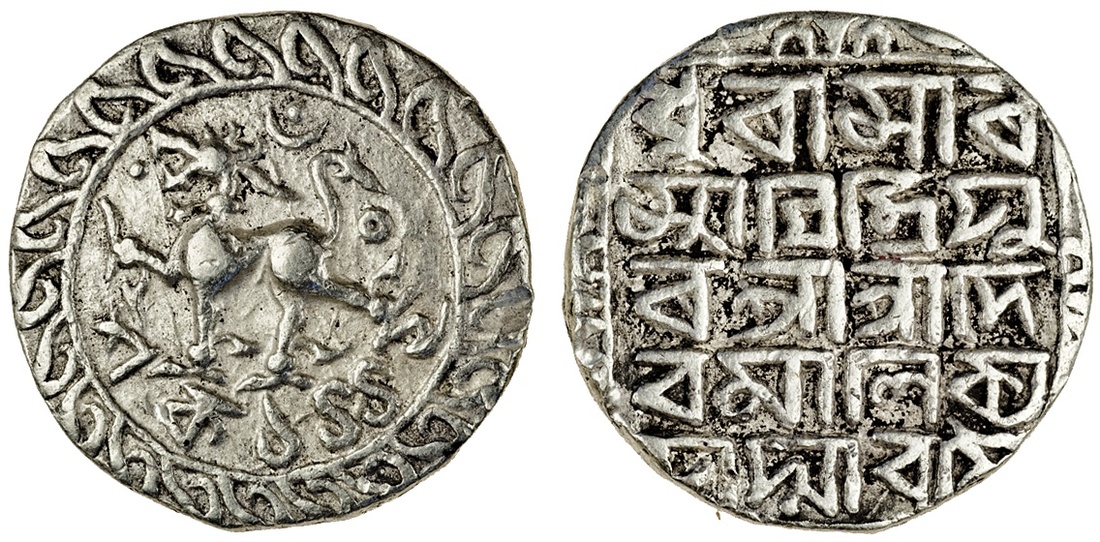 Tripura, Deva Manikya (1526-32), Tanka, 9.84g, Sk.1449, citing Queen Padmavati, lion facing left, c