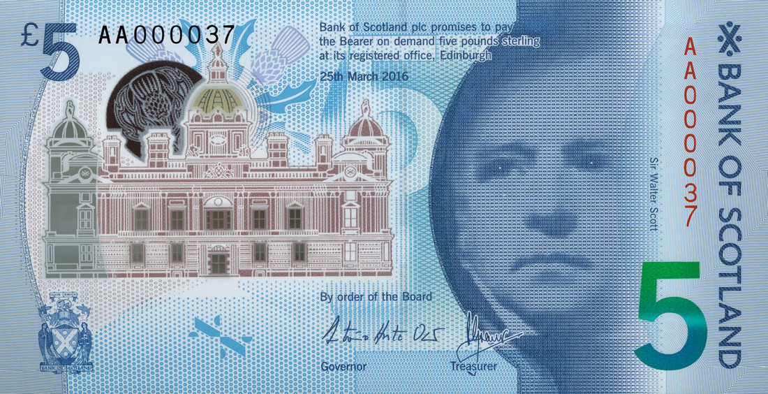 Bank of Scotland, £5 polymer issue, 25 March 2016, serial number AA000037,