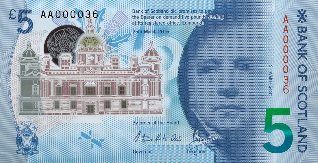 Bank of Scotland, £5 polymer issue, 25 March 2016, serial number AA000036,