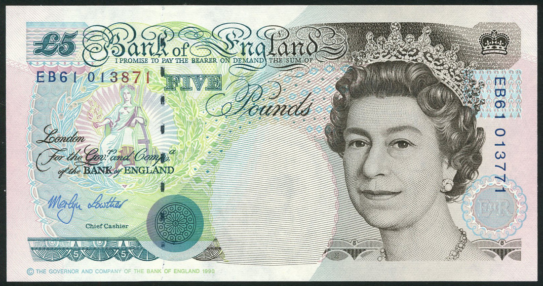 Bank of England, M.V.Lowther, ERROR: £5, 1990, serial number EB61 013871 at top left, number EB61 0