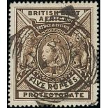 British East Africa 1897-1903 High Values 5r. deep sepia, neatly cancelled by near complete Mombasa