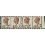 Australia 1951-52 6½d. brown strip of four with gutter margin at right, variety imperforate betwee