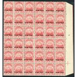 Bermuda 1920 War Tax 1d. carmine block of thirty six from the right of the sheet, one showing R.1/