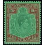 Bermuda 1938-53 Issue 10/- green and deep lake on pale emerald, perf 14, a few tiny surface rubs, o