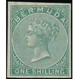 Bermuda 1865-1903 Issue Imperforate Plate Proofs 1/- green on CC watermarked paper, good to large m