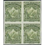 New Zealand Mount Cook Half Penny 1907-08 Reduced Format, Perf. 14x13, 13½ Imperforate block of fou