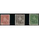 Trinidad 1860 (Aug.) clean-cut perf. 14-16½ (1d.) rose-red, 4d. brownish lilac and 6d. deep green,