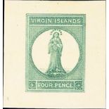 Virgin Islands 1867-70 Issue Die Proofs on card 4d. in green (36x38mm.), pale green (47x48mm.) and