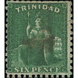 Trinidad 1862-63 thick paper, perf. 11½, 12, compound with 11, 6d. deep green showing perf. 11 on