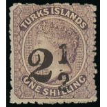 Turks Islands 1881 Provisionals "2½" Setting 5 on 1/- lilac, two different types, one with small pa