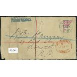 Samoa 1886-1900 1/- rose carmine diagonal bisect on 1895 (24 Apr.) envelope registered to Arbroath