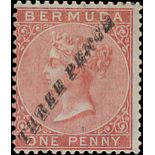 Bermuda 1874 "three pence" (Type 6) on 1d. rose-red, unused with part original gum; two firm's han