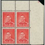 Australia 1937-49 Definitive Issue, Perf. 13½x14 or 14x13½ 2d. scarlet top right corner block of fo