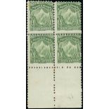New Zealand Mount Cook Half Penny 1900 Thick, Soft, "Pirie" Paper, Perforation 11 Yellow-green bloc