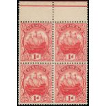 Bermuda 1910-25 MCA 1d. carmine marginal block of four, upper right stamp [R.1/8] with "flag" flaw