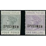 Grenada 1883 De la Rue Keyplate Issue "specimen" type D11: 4d. greenish slate and 1/- pale violet,