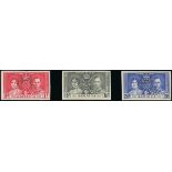 Jamaica 1937 Coronation set of three, each imperforate and perforated "specimen",