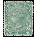 Bahamas 1863-98 CC perf 12½ 1/- green, exceptionally well-centred, fresh colour,