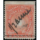 British East Africa 1891 "½ anna" in manuscript on 2a. vermilion from the top of the sheet, initia