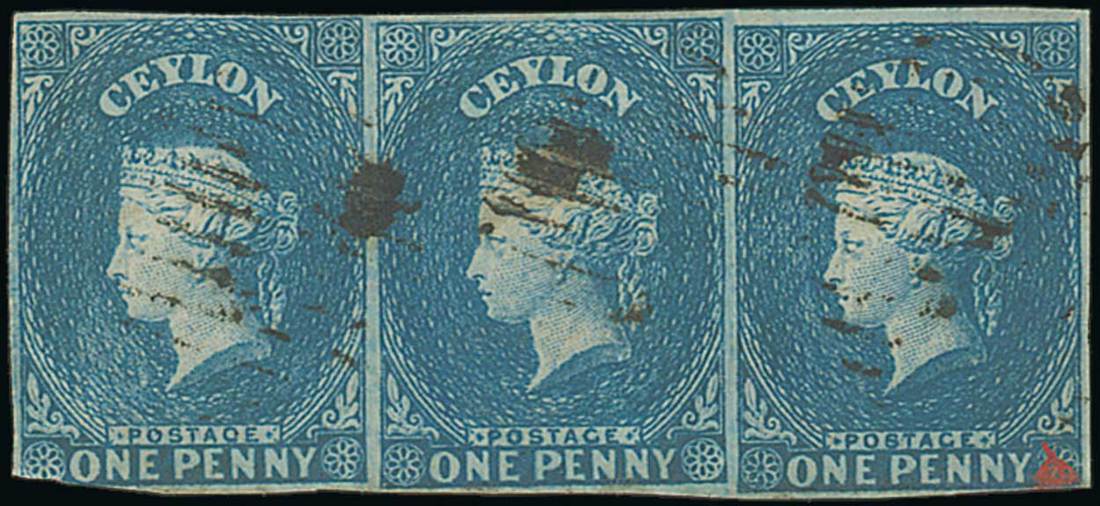 1857-59 White Paper, Watermark Star, Imperforate Issued Stamps 1d. blue on blued paper, a strip of