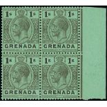 Grenada 1921-33 Watermark Script CA 1/- black on emerald marginal block of four,
