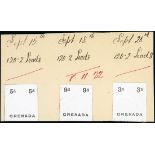 Grenada 1921-33 Watermark Script CA De la Rue Day Book Proofs: 5d., 9d. and 3/- stamp-size name and