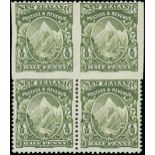 New Zealand Mount Cook Half Penny 1907-08 Reduced Format, Perf. 14x15 Block of four with the top ro