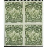 New Zealand Mount Cook Half Penny 1907-08 Reduced Format, Perf. 14x15 Block of four, variety perfor