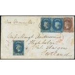 1857 (1 Apr.) Blued Paper, Watermark Star, Imperforate Covers 9d. rate to United Kingdom via Marsei