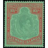 Leeward Islands 1938-51 10/- pale green and dull red on green, variety gash in chin, a few tiny na